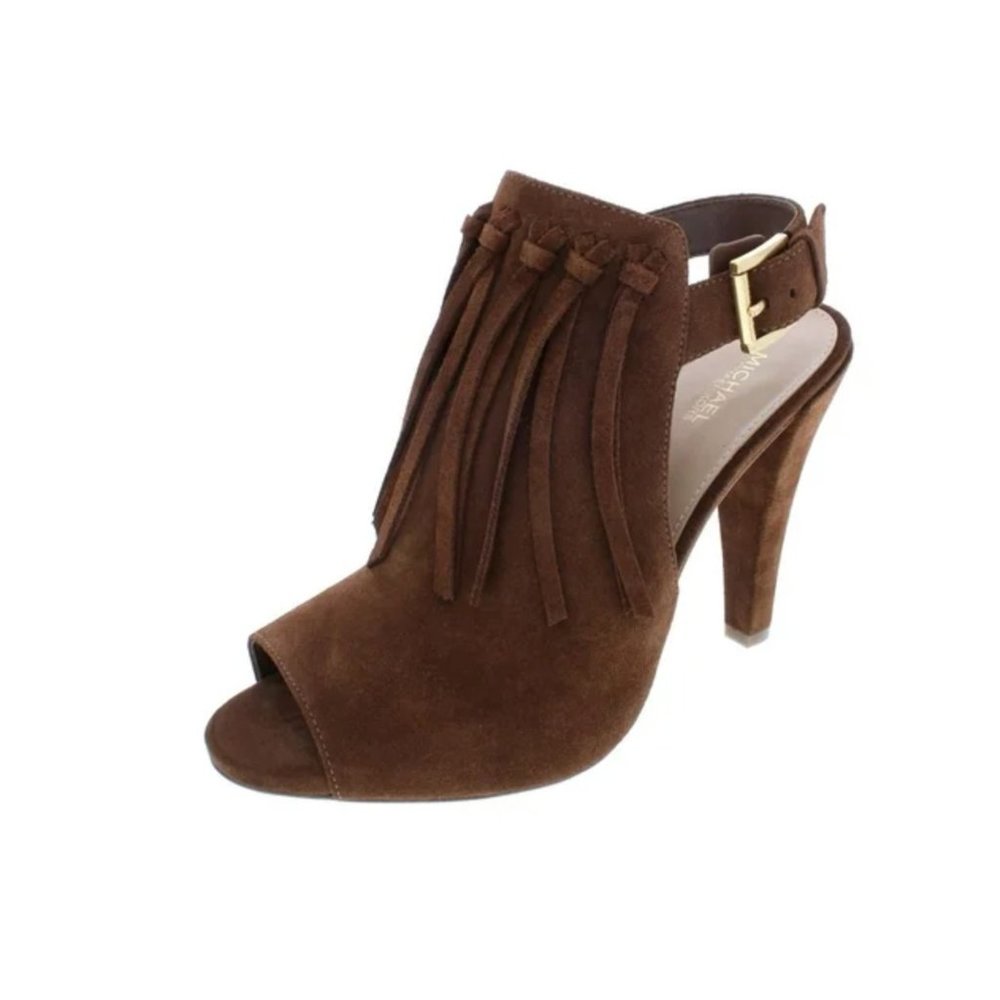 Michael Kors Brown Suede Fringe Peep-Toe Slingback Heels